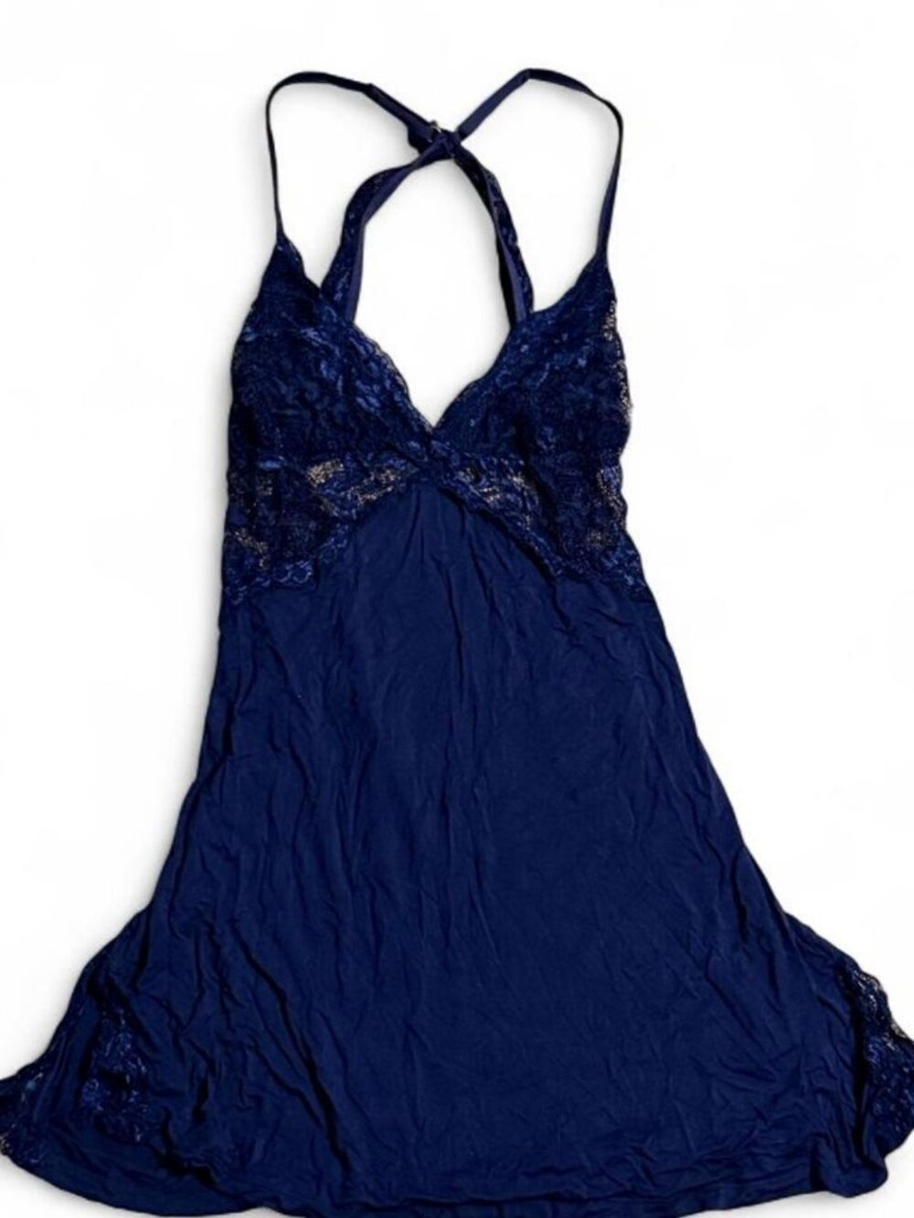 Navy Blue Lace Babydoll Dress Floral Embroidery Size M